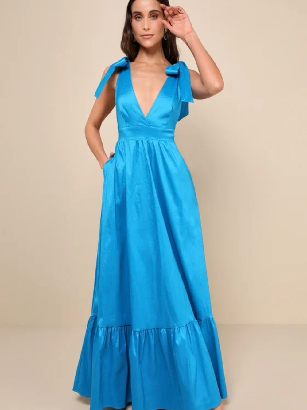 Lulu's Bright Teal V-Neck Tie-Shoulder Maxi Dress